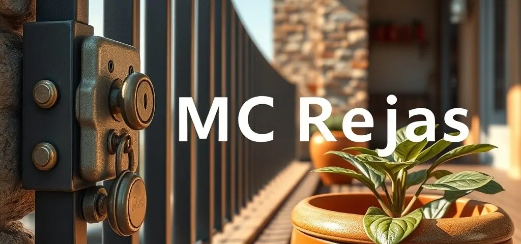 Reja de seguridad en terraza con cerradura, planta de terracota y luz cálida; encuentra instaladores de rejas de seguridad para terrazas en Barcelona.