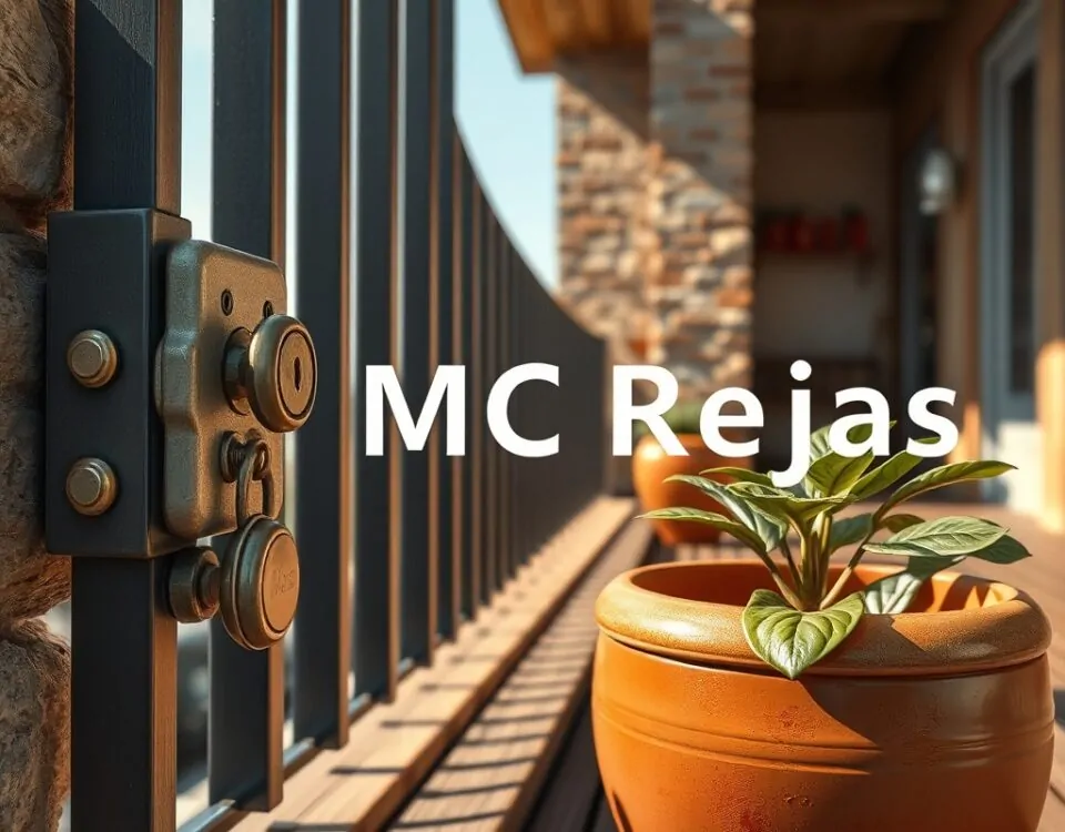 Reja de seguridad en terraza con cerradura, planta de terracota y luz cálida; encuentra instaladores de rejas de seguridad para terrazas en Barcelona.
