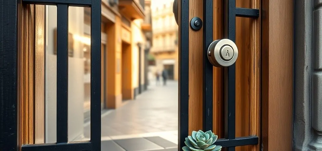 Vista cercana de una reja de hierro forjado en una tienda de Barcelona. Donde puedo instalar rejas para puertas de calidad en mi comercio en Barcelona.