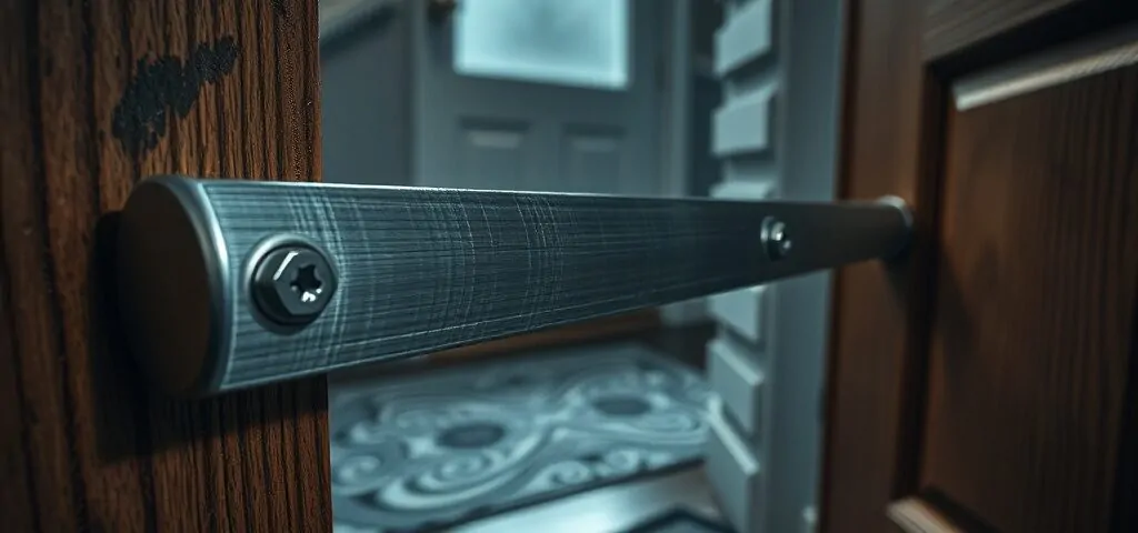 Barra de acero cepillado bloqueando una puerta de roble, con detalles de seguridad y ambiente tenso en una noche lluviosa. Cuales son las rejas para puertas mas efectivas para la seguridad de una casa.