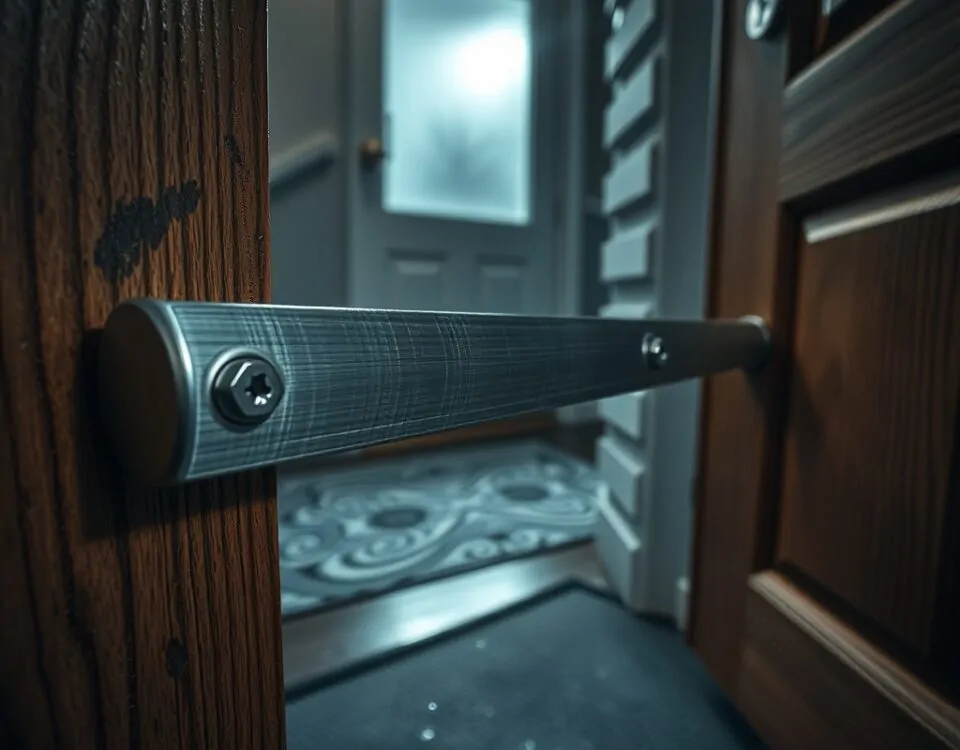 Barra de acero cepillado bloqueando una puerta de roble, con detalles de seguridad y ambiente tenso en una noche lluviosa. Cuales son las rejas para puertas mas efectivas para la seguridad de una casa.