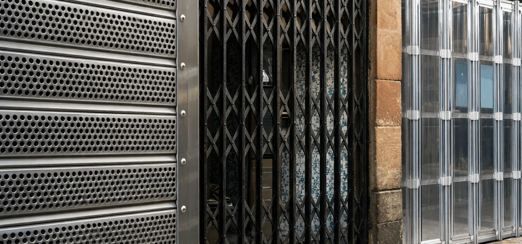 Tres escaparates en una calle de Barcelona muestran diferentes opciones de rejas de seguridad para un local comercial.