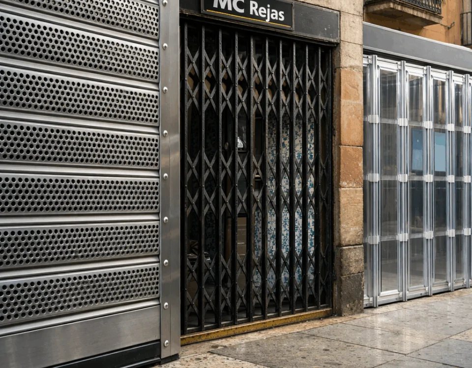 Tres escaparates en una calle de Barcelona muestran diferentes opciones de rejas de seguridad para un local comercial.