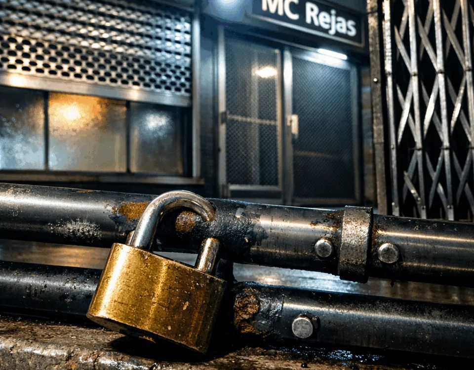 Escena nocturna urbana con rejas de seguridad; muestra tipos de rejas de seguridad que ofrecen mayor protección para comercios.