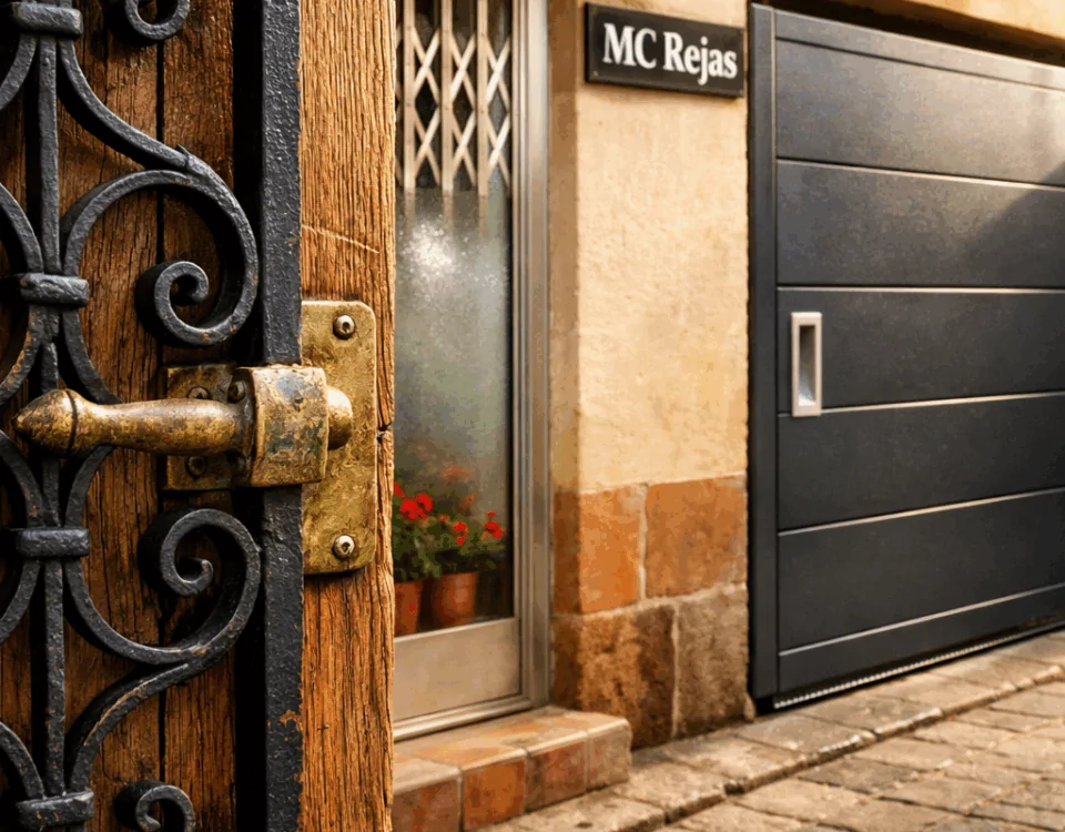 Tres puertas en Barcelona: reja de hierro forjado, puerta de acero moderna y reja de acordeón, mostrando opciones populares.