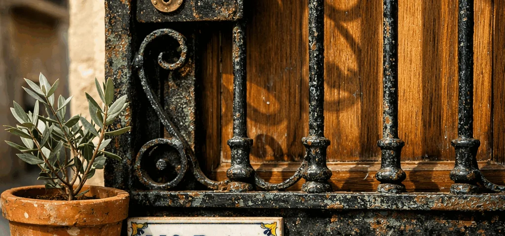 Reja de hierro forjado con puerta de madera en Barcelona, mostrando texturas y detalles arquitectónicos. Que opciones de rejas son mas populares para puertas en Barcelona.