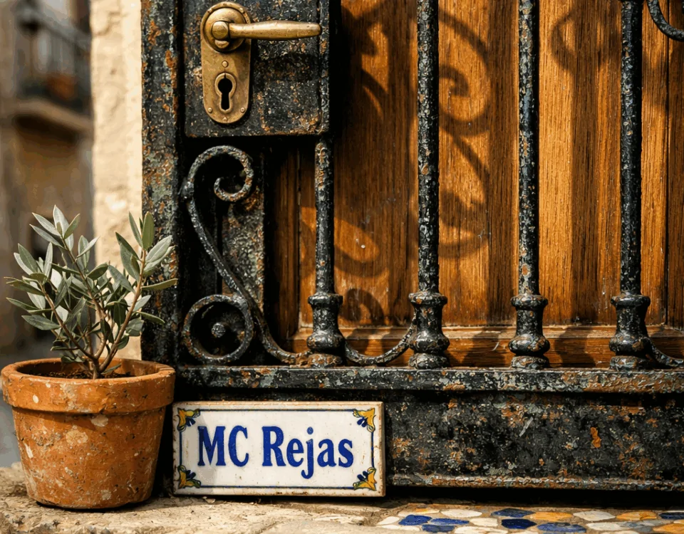 Reja de hierro forjado con puerta de madera en Barcelona, mostrando texturas y detalles arquitectónicos. Que opciones de rejas son mas populares para puertas en Barcelona.