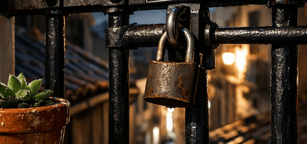 Balcón residencial con rejas de ballesta, atmósfera tensa y húmeda, ideal para evaluar cuáles son las mejores rejas de ballesta para seguridad residencial en Barcelona.