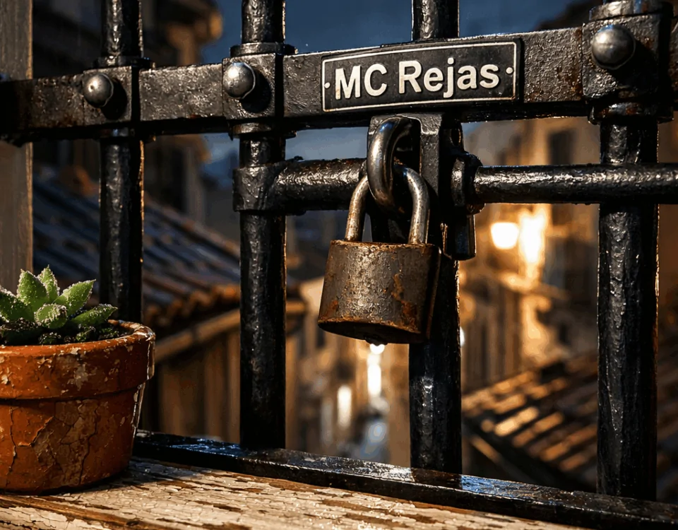 Balcón residencial con rejas de ballesta, atmósfera tensa y húmeda, ideal para evaluar cuáles son las mejores rejas de ballesta para seguridad residencial en Barcelona.