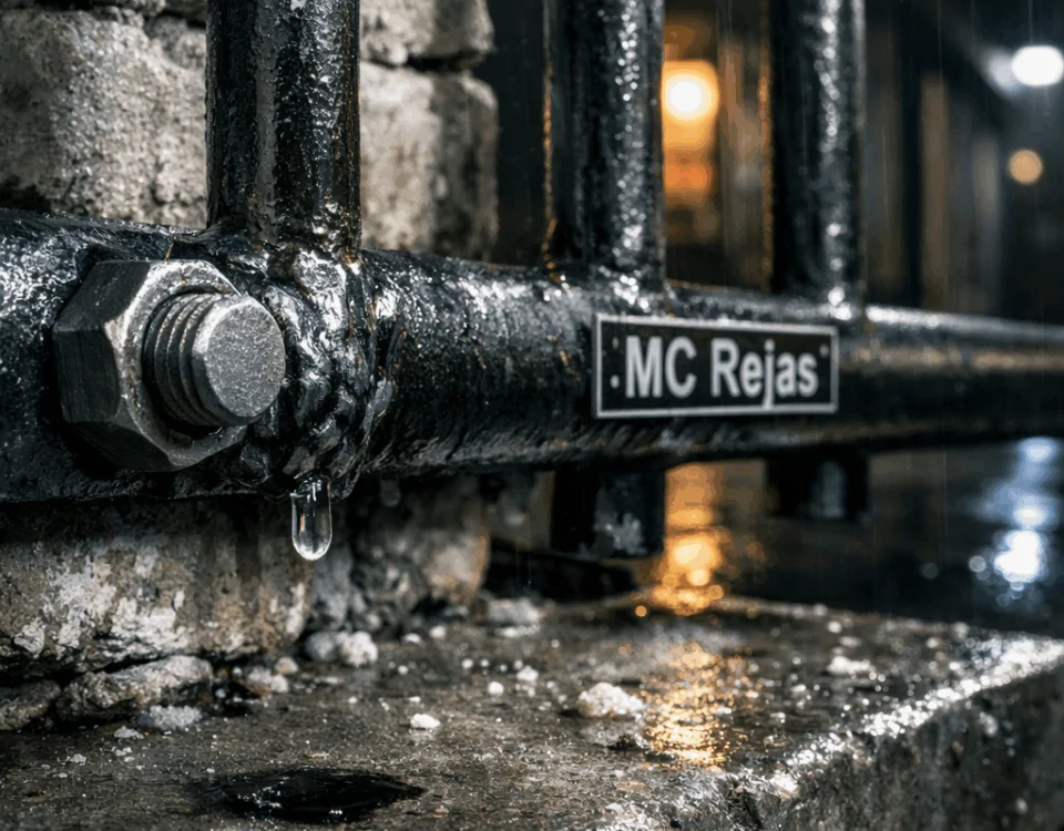 Reja fija de acero tubular en un callejón nocturno, mostrando detalles de óxido y humedad, ideal para protección contra intrusiones.