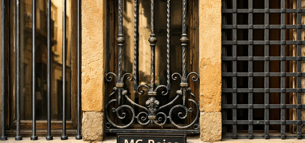 Tres ventanas con diferentes tipos de rejas fijas en una calle de Barcelona, mostrando eficacia y texturas únicas.