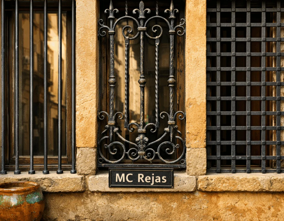 Tres ventanas con diferentes tipos de rejas fijas en una calle de Barcelona, mostrando eficacia y texturas únicas.