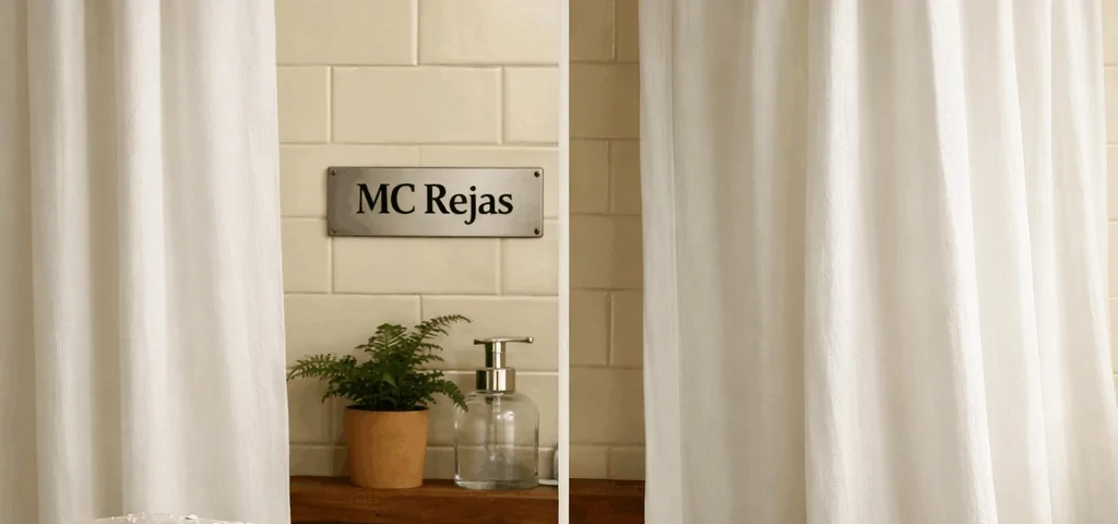 Baño iluminado con comparación de rejas fijas y de ballesta; ambiente cálido y práctico, ideal para un hogar.
