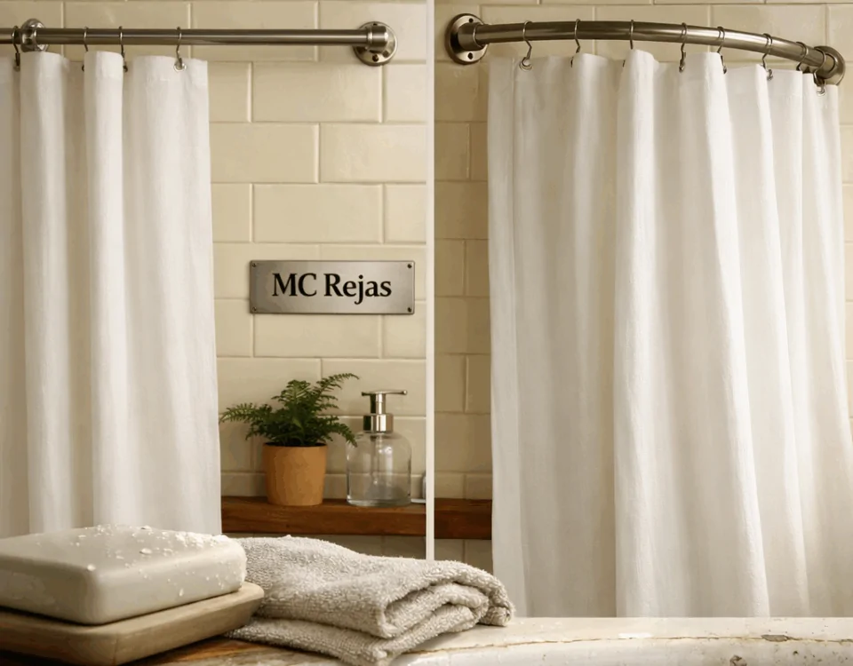 Baño iluminado con comparación de rejas fijas y de ballesta; ambiente cálido y práctico, ideal para un hogar.