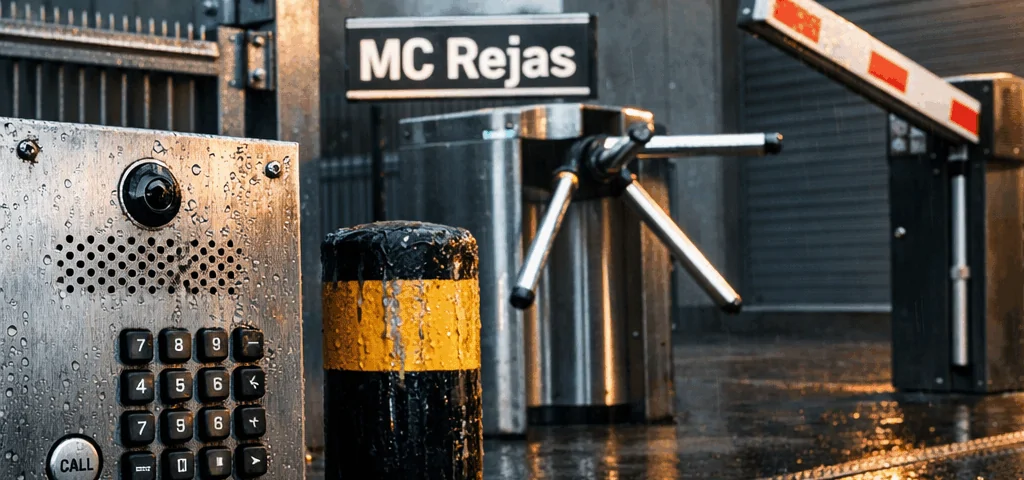 Entrada comercial con rejas de seguridad populares, intercomunicador y bollard, bajo un cielo nublado y ambiente tenso. Cuales son las rejas mas populares para la seguridad de negocios.