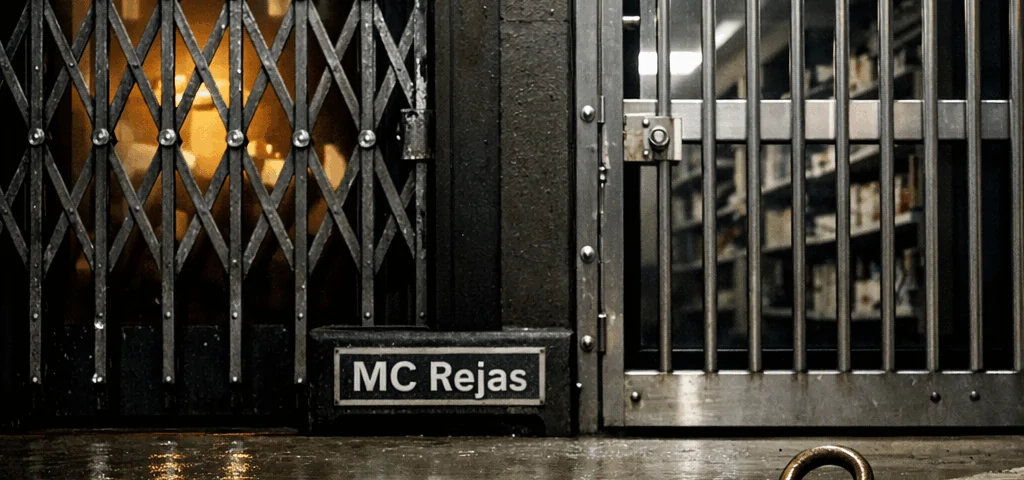 Comparar rejas de ballesta y rejas fijas para seguridad en comercios, bajo una luz fría en una noche lluviosa.