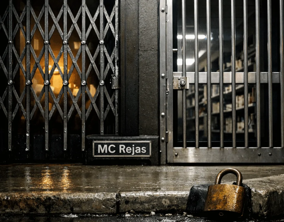 Comparar rejas de ballesta y rejas fijas para seguridad en comercios, bajo una luz fría en una noche lluviosa.