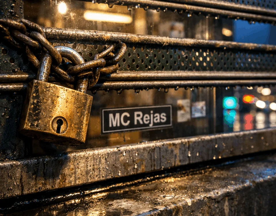 Cerca de seguridad metálica con candado en una tienda vacía, reflejos y sombras en un ambiente urbano nocturno. Que rejas de seguridad son recomendadas para tiendas en áreas urbanas.