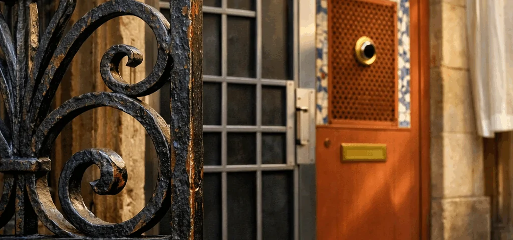 Trío de puertas en Barcelona con rejas populares: forja ornamentada, acero tubular y panel de seguridad de acero. Cuales son las opciones de rejas para puertas mas populares en Barcelona.