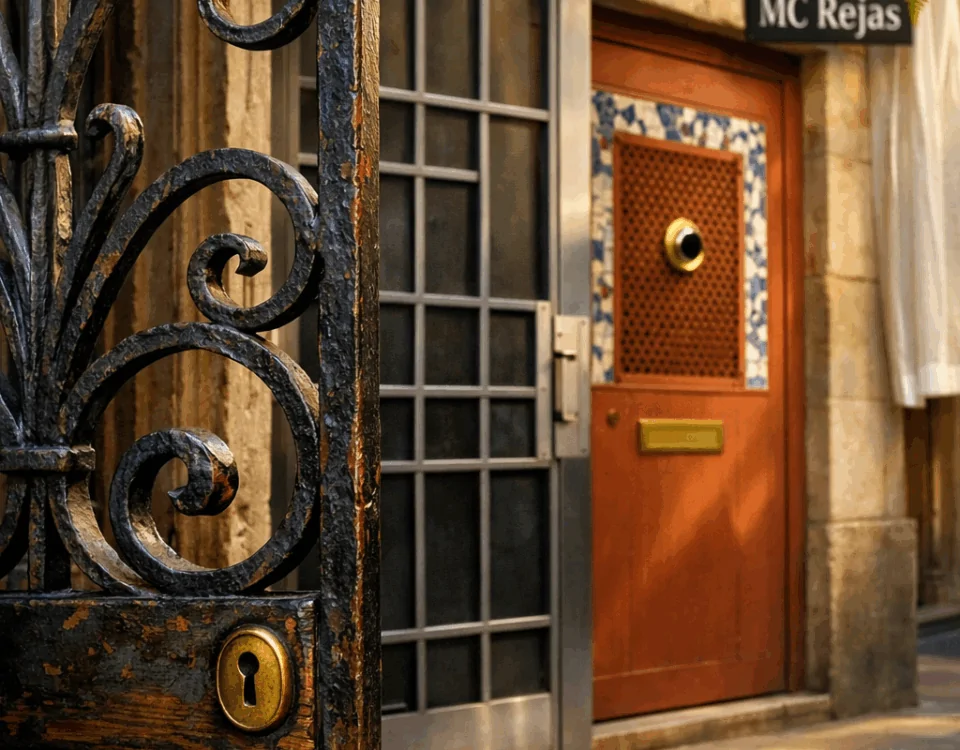 Trío de puertas en Barcelona con rejas populares: forja ornamentada, acero tubular y panel de seguridad de acero. Cuales son las opciones de rejas para puertas mas populares en Barcelona.