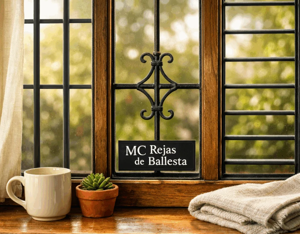 Ventana iluminada con rejas de seguridad que ofrecen el mejor diseño sin sacrificar confort, decorada con plantas y una taza.