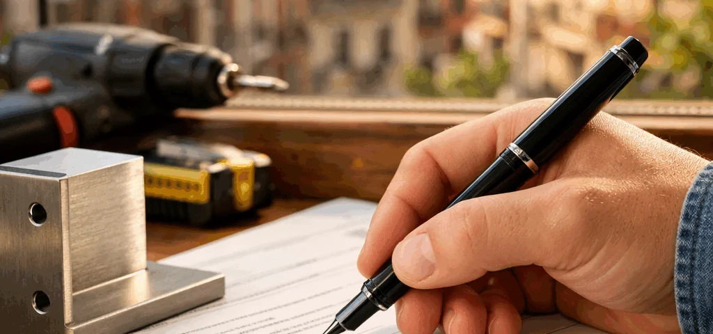 Mano firmando un documento sobre financiamiento para la compra de rejas de seguridad en Barcelona, con vista a la ciudad.