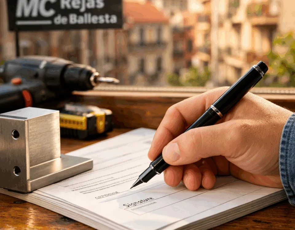 Mano firmando un documento sobre financiamiento para la compra de rejas de seguridad en Barcelona, con vista a la ciudad.