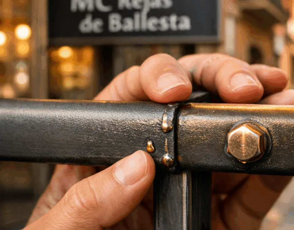 Macro de una barra de acero en una tienda en Barcelona, mostrando una valoración de usuarios sobre rejas de ballesta.