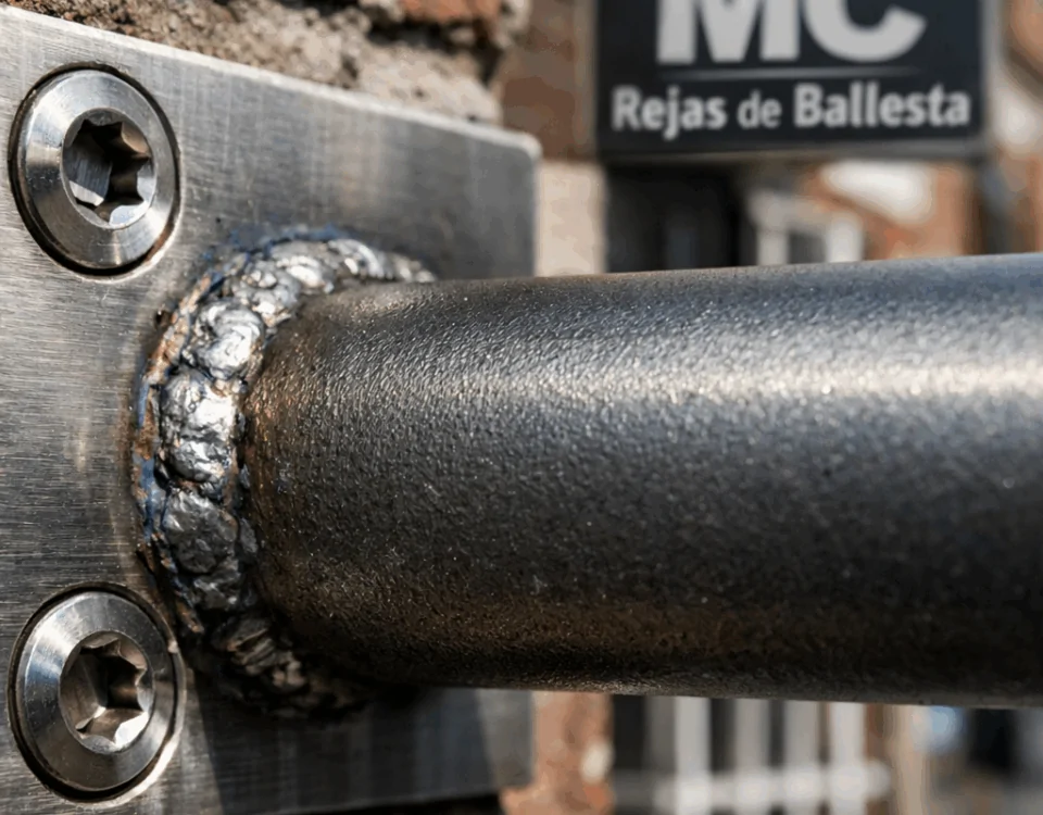 Macro de una barra de seguridad unida a una placa, mostrando robustez; se recomienda rejas para zonas con alto índice de delincuencia.
