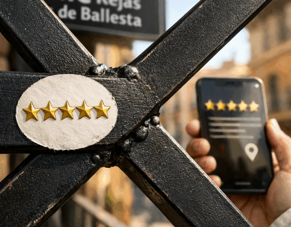 Primer plano de una reja de ballesta en Barcelona con un sticker dorado; sugiere "Adquirir rejas de ballesta en Barcelona donde encontrar recomendaciones de clientes".