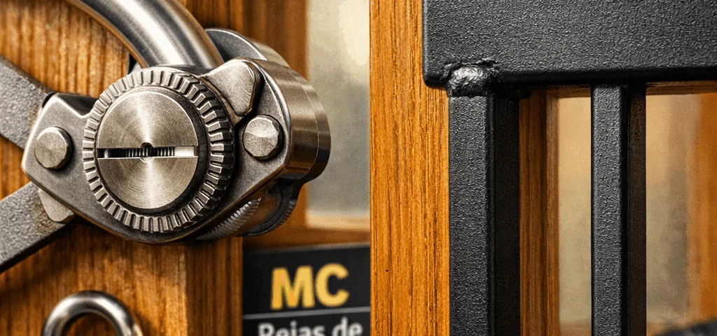Comparar características de rejas de ballesta y rejas fijas para puertas en un marco de madera de roble barnizado.