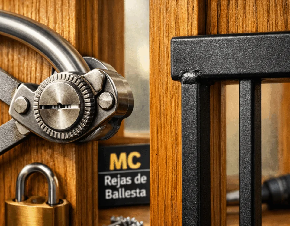 Comparar características de rejas de ballesta y rejas fijas para puertas en un marco de madera de roble barnizado.