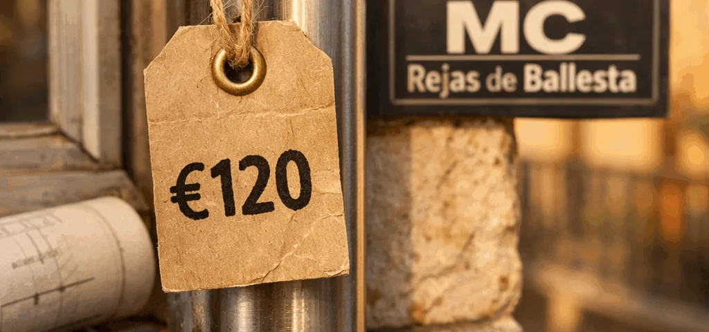 Reja fija de aluminio con etiqueta de precio en un marco de madera, iluminada por la luz cálida de Barcelona. Encuentra los precios más competitivos para rejas fijas en Barcelona.