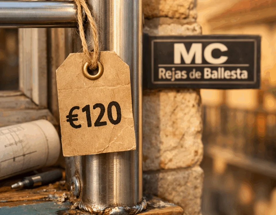 Reja fija de aluminio con etiqueta de precio en un marco de madera, iluminada por la luz cálida de Barcelona. Encuentra los precios más competitivos para rejas fijas en Barcelona.