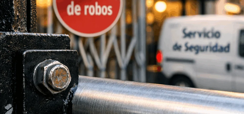 Primer plano de una barra de seguridad en un negocio, destacando "Que rejas son mas efectivas para prevenir robos en negocios".