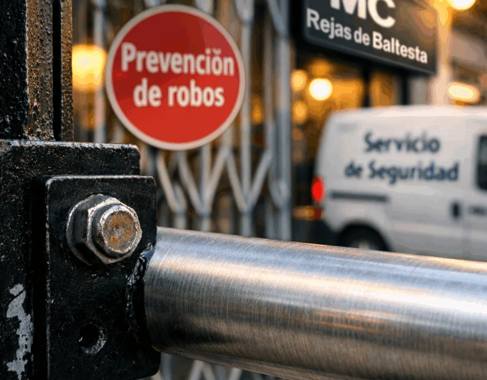 Primer plano de una barra de seguridad en un negocio, destacando "Que rejas son mas efectivas para prevenir robos en negocios".