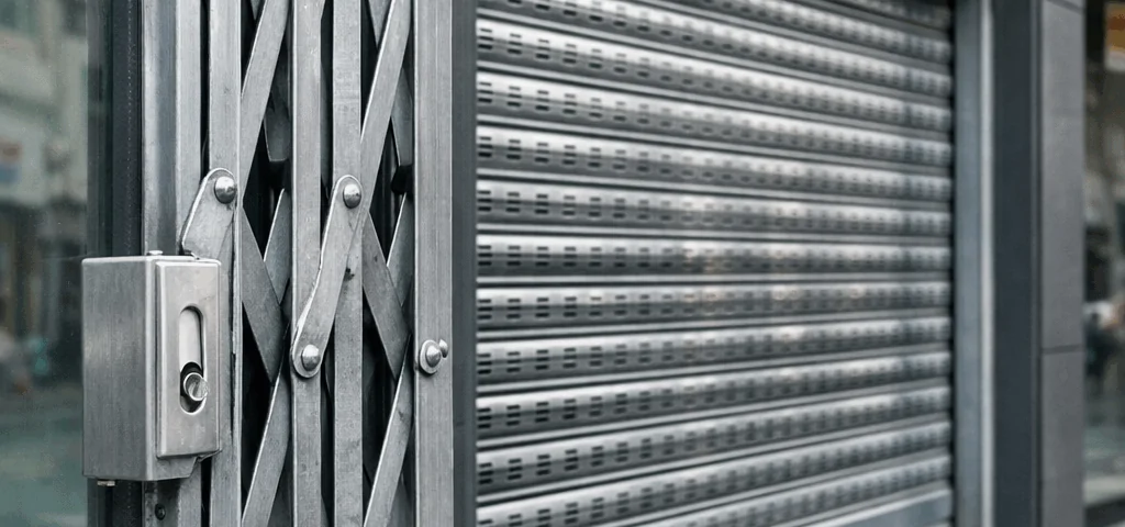 Entrada de tienda con reja de acordeón galvanizada y persiana enrollable perforada. Que tipos de rejas son mas adecuados para la proteccion de tiendas en areas urbanas