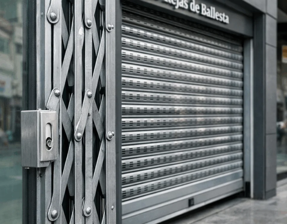 Entrada de tienda con reja de acordeón galvanizada y persiana enrollable perforada. Que tipos de rejas son mas adecuados para la proteccion de tiendas en areas urbanas