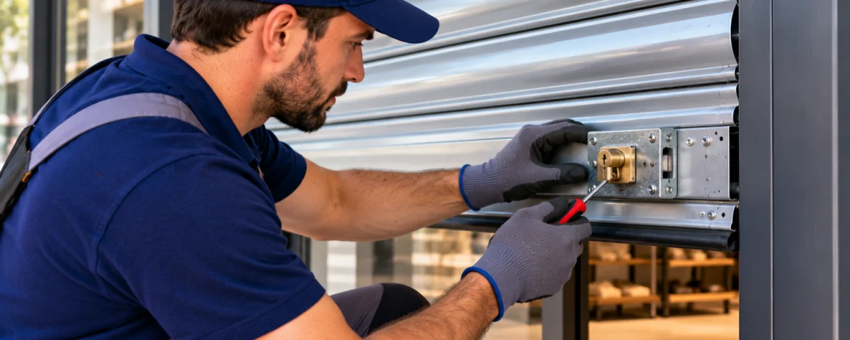 Tecnico instalando cerradura en persiana metalica 1200x480 - Instalación y Cambio de Cerradura para Persianas
