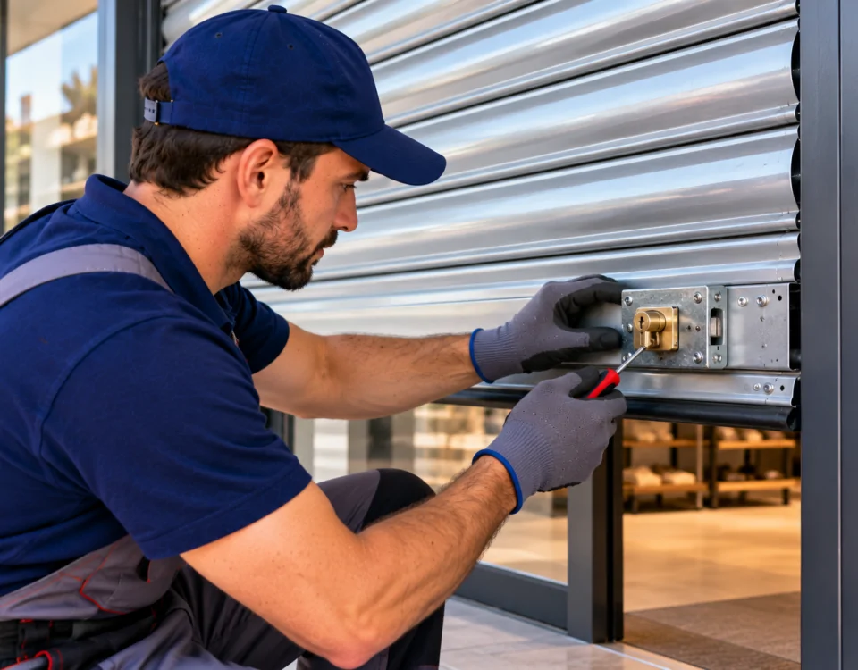 Tecnico instalando cerradura en persiana metalica 960x750 - Instalación y Cambio de Cerradura para Persianas