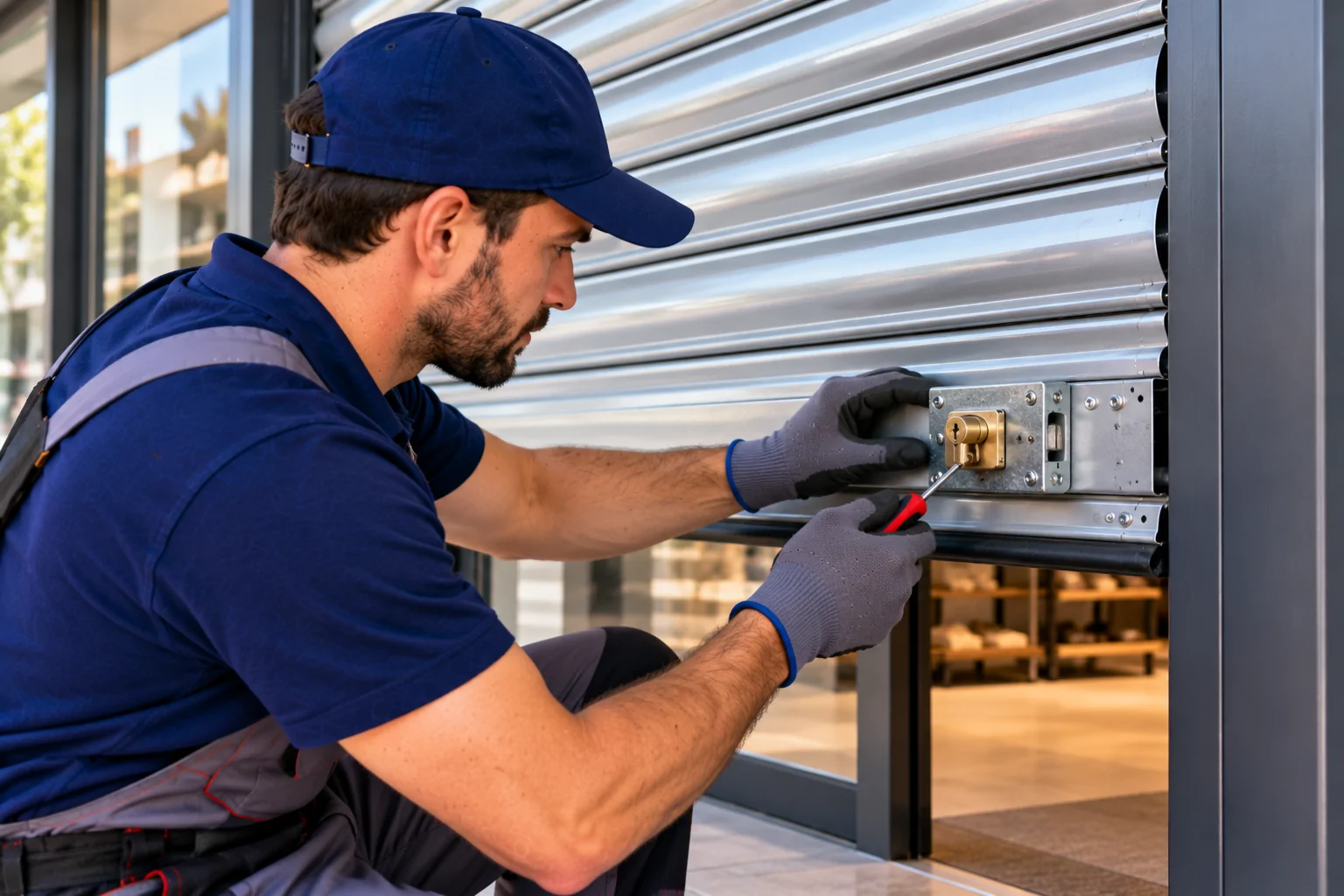 Instalación y Cambio de Cerradura para Persianas Tecnico instalando cerradura en persiana metalica - Instalación y Cambio de Cerradura para Persianas